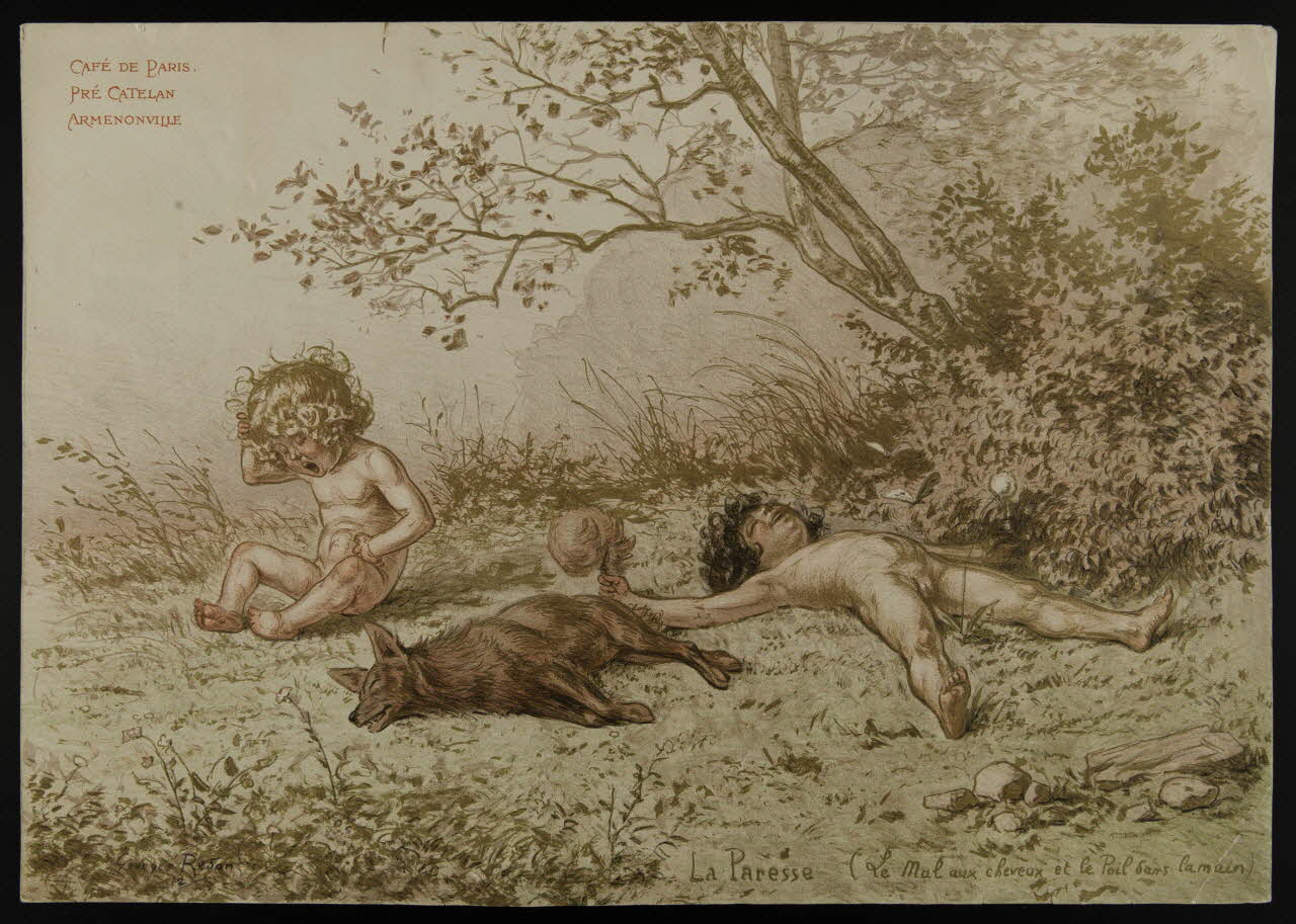 estampe CAFE DE PARIS  PRE CATELAN  ARMENONVILLE  La Paresse (Le mal aux cheveux et le Poil dans la main) 1979.8.25 Photo