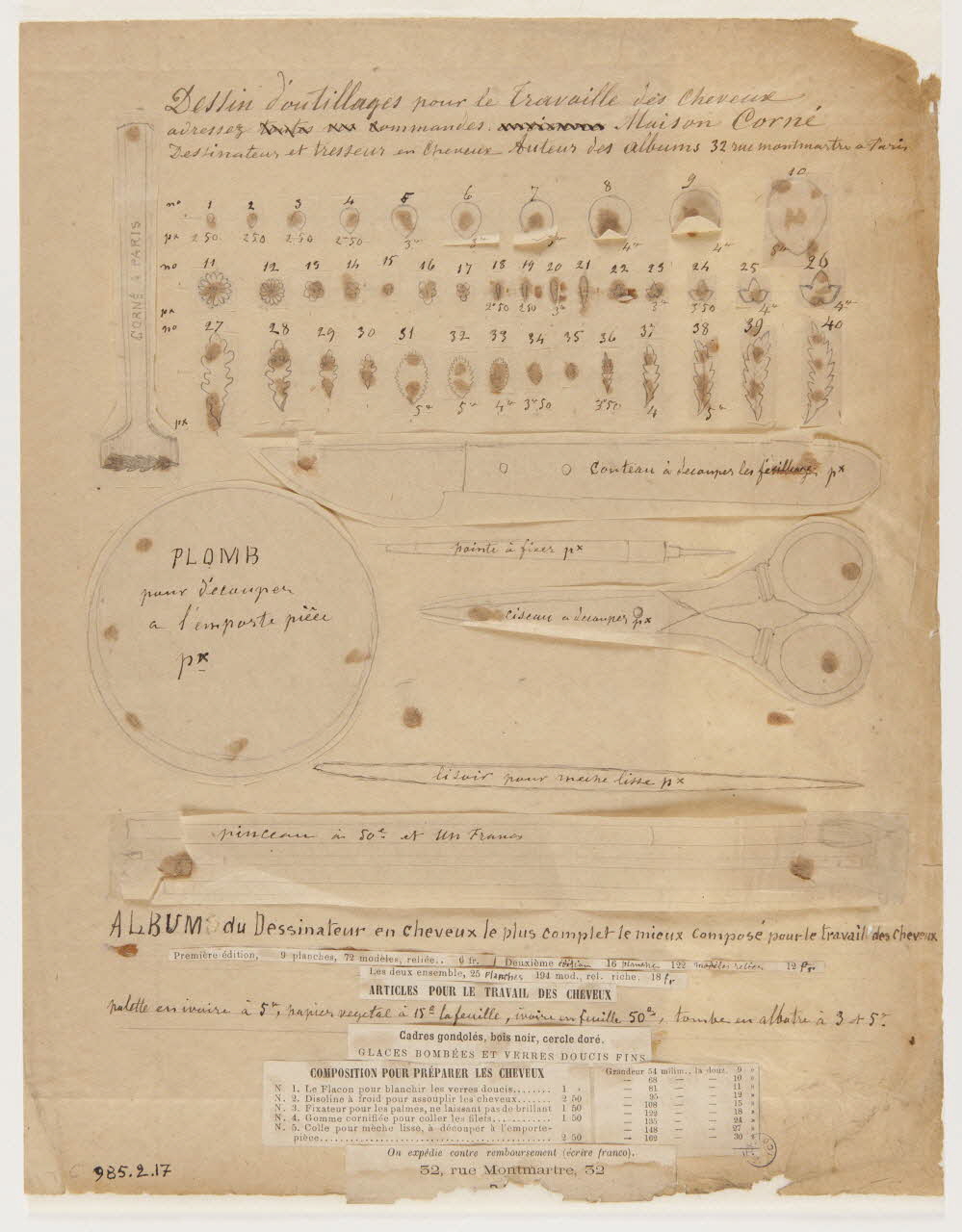 Dessin d'outillages pour le Travaille des Cheveux (sic) 1985.2.17 Photo