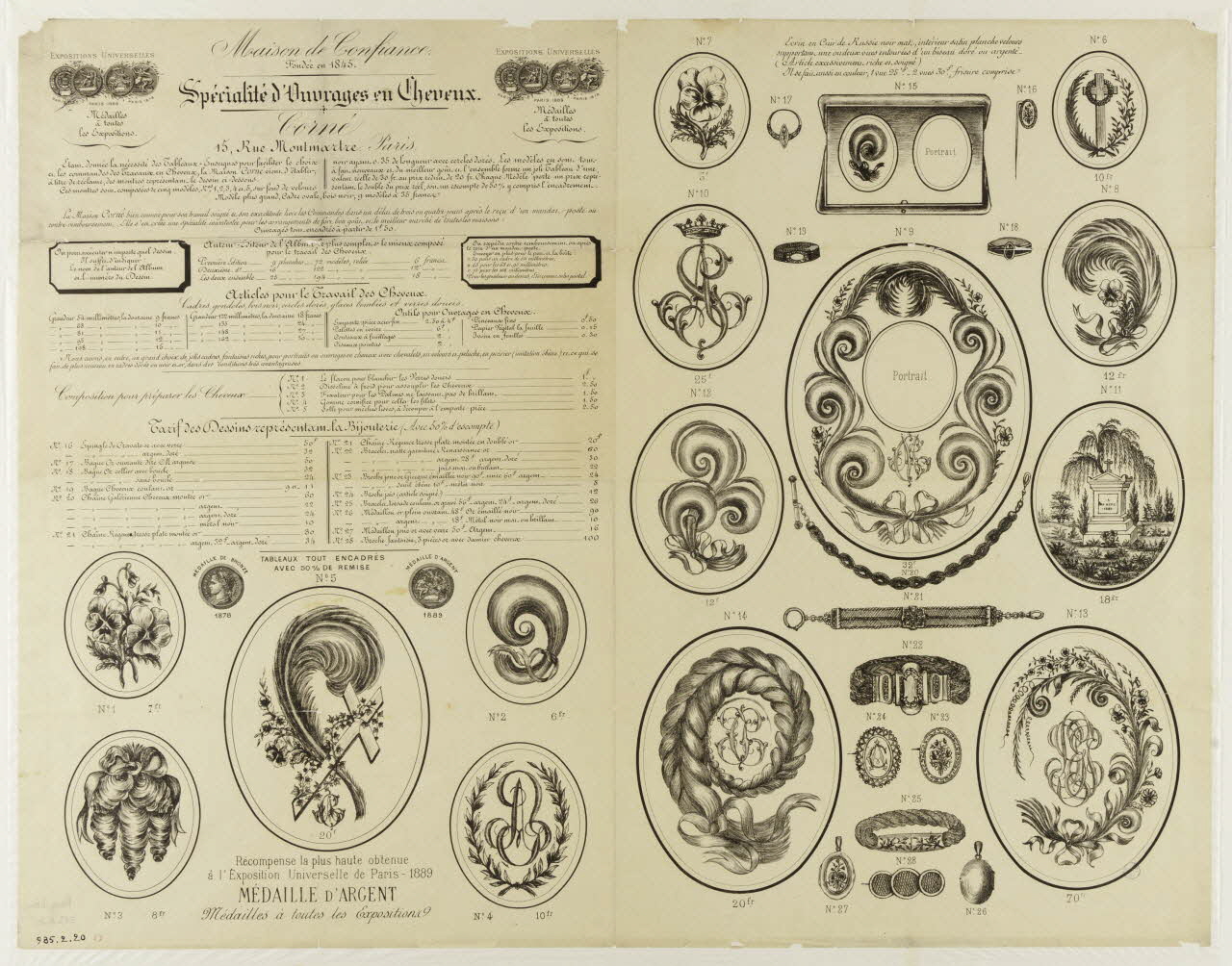 estampe Maison de Confiance.  Fondée en 1845.  Spécialité d'Ouvrages en Cheveux. 1985.2.20 Photo