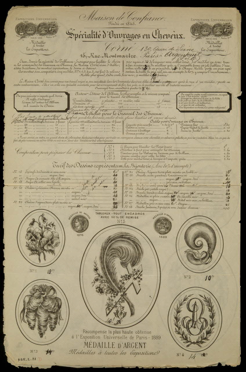 estampe Maison de Confiance.  Spécialité d'Ouvrages en Cheveux. 1985.2.21 Photo