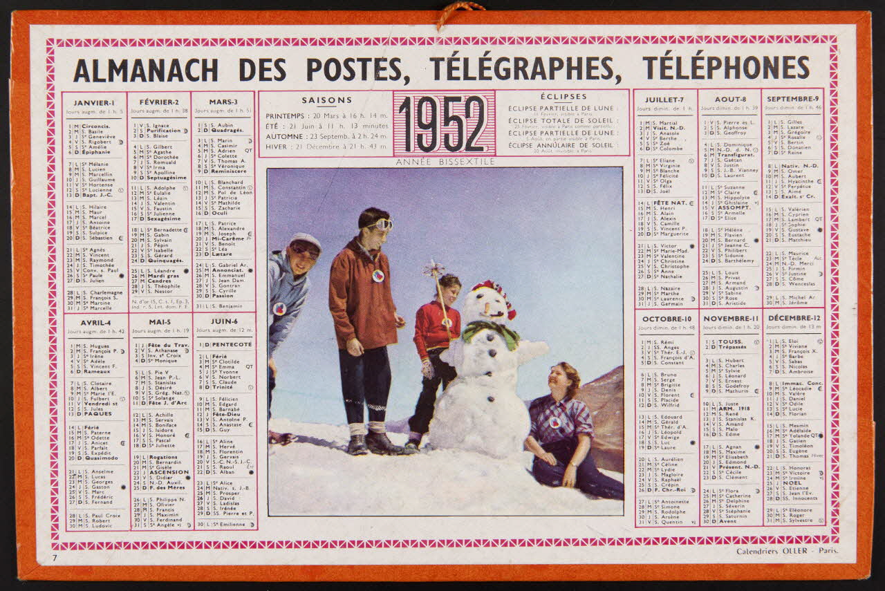 estampe ALMANACH DES POSTES, TELEGRAPHES, TELEPHONES  1952 1985.51.238 Photo