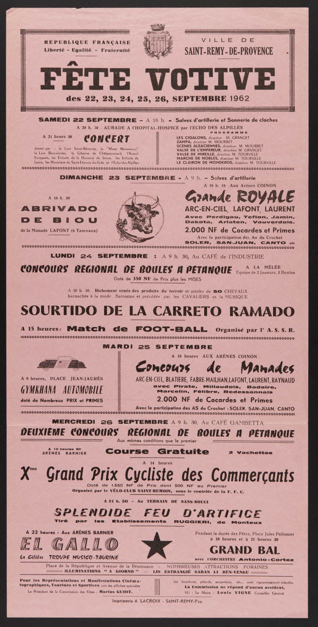 estampe VILLE DE  SAINT-REMY-DE-PROVENCE  FÊTE VOTIVE  des 22, 23, 24, 25, 26, SEPTEMBRE 1962 1985.51.310 Photo