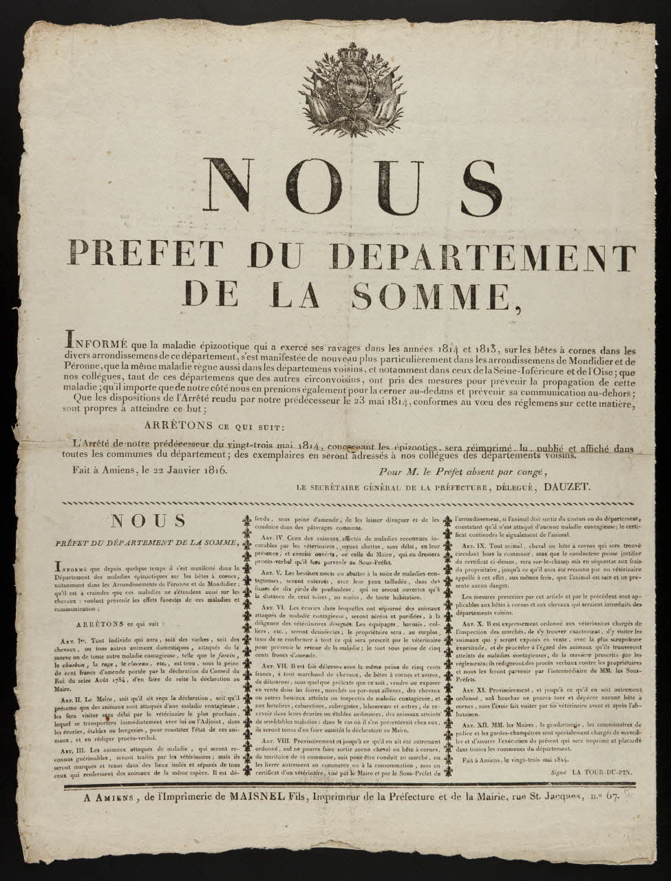 Durouchail Pierre ; Maisnel imagerie ancienne NOUS  PREFET DU DEPARTEMENT  DE LA SOMME, Amiens 1814 1985.51.319 Photo