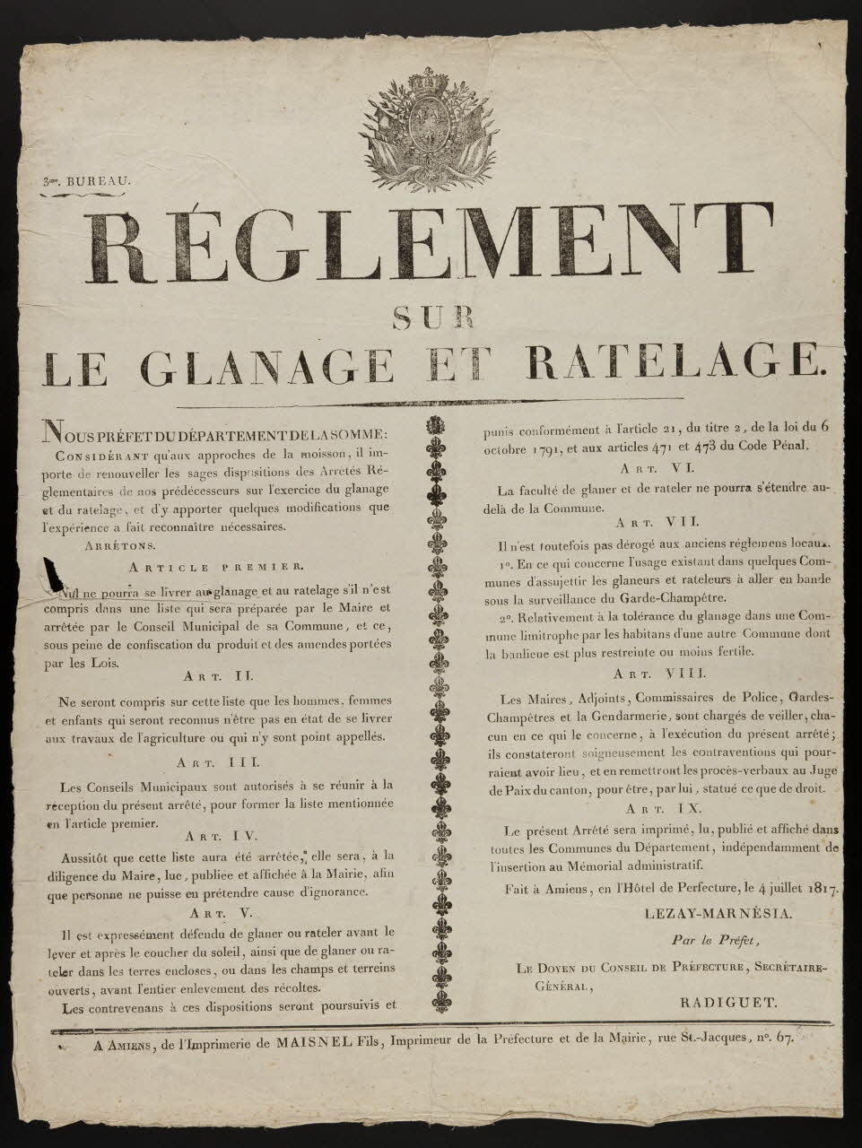 Durouchail Pierre ; Maisnel fils imagerie ancienne REGLEMENT  SUR  LE GLANAGE ET RATELAGE Picardie, France 1817 1985.51.320 Photo