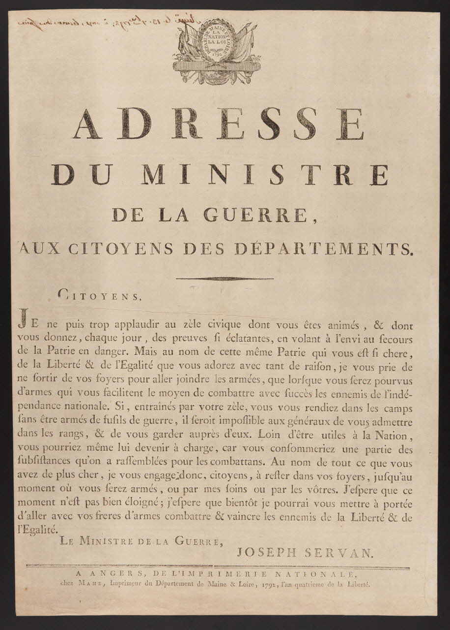 Mame Auguste imagerie ancienne ADRESSE  DU MINISTRE  DE LA GUERRE,  AUX CITOYENS DES DEPARTEMENTS. Angers 1792 1985.51.322 Photo