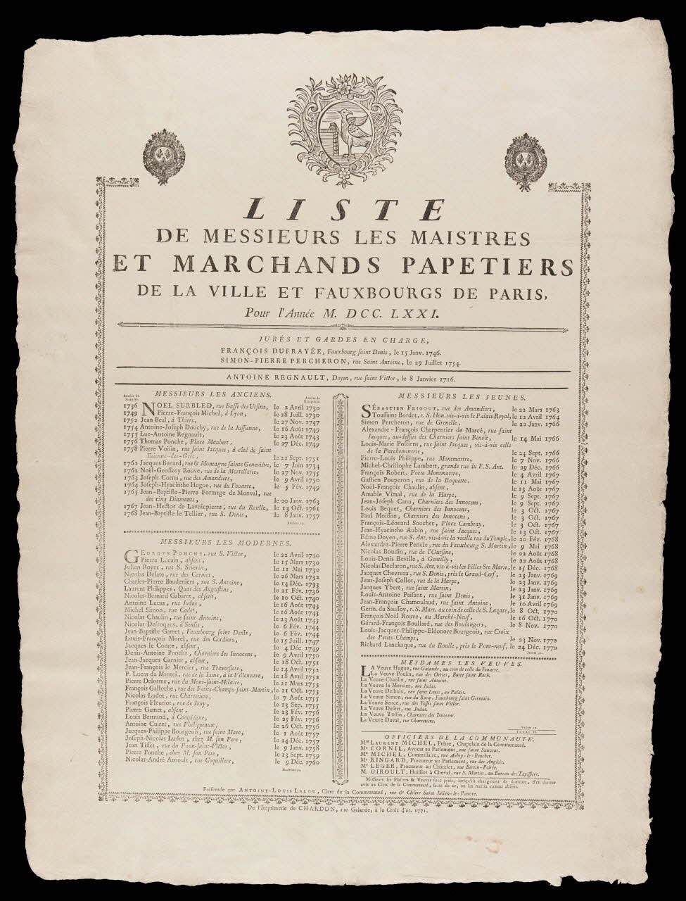 Chardon estampe LISTE  DE MESSIEURS LES MAISTRES  ET MARCHANDS PAPETIERS  DE LA VILLE ET FAUXBOURGS DE PARIS France 1761 1985.51.492 Photo
