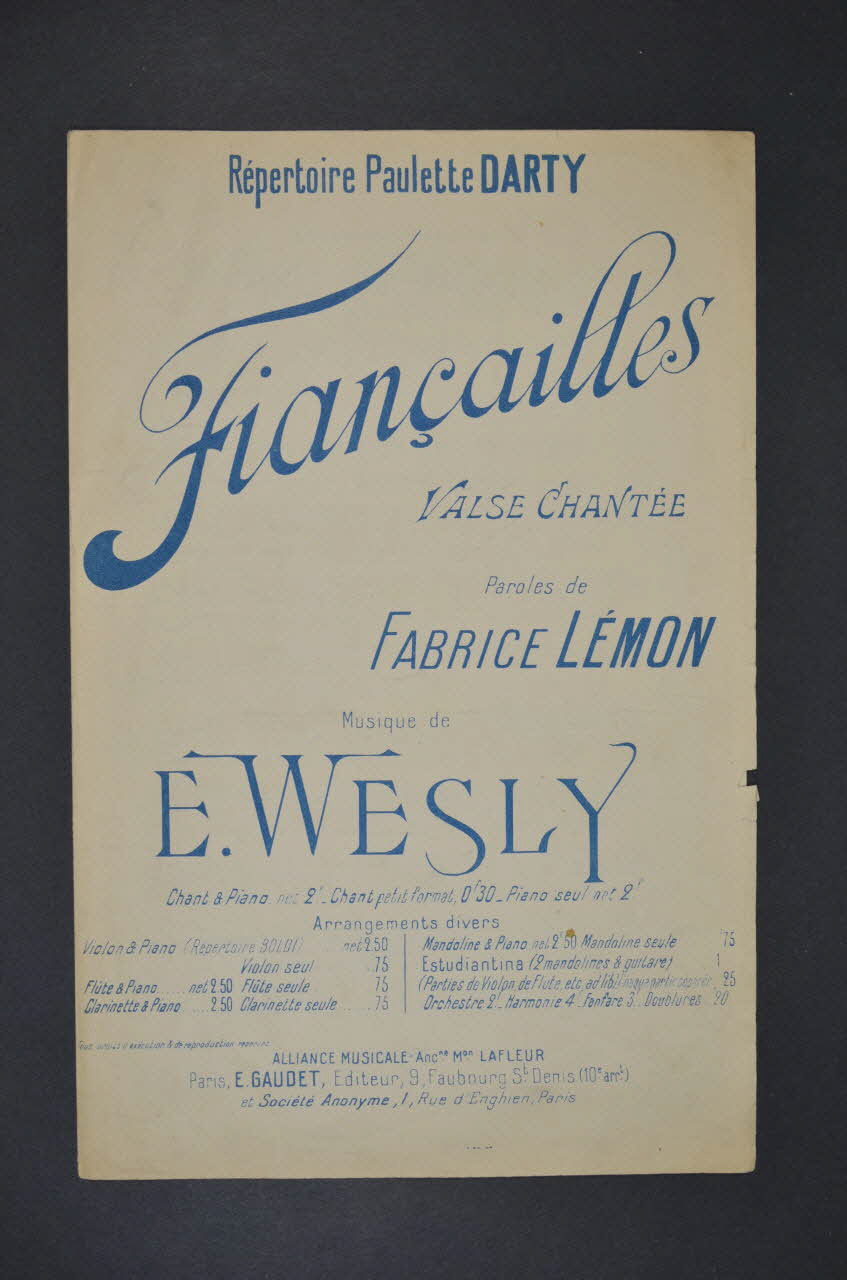 E. Wesly ; Fabrice Lemon ; Paulette Darty ; E. Gaudet chanson petit format 1895-1905 1966.208.7 Photo Mucem