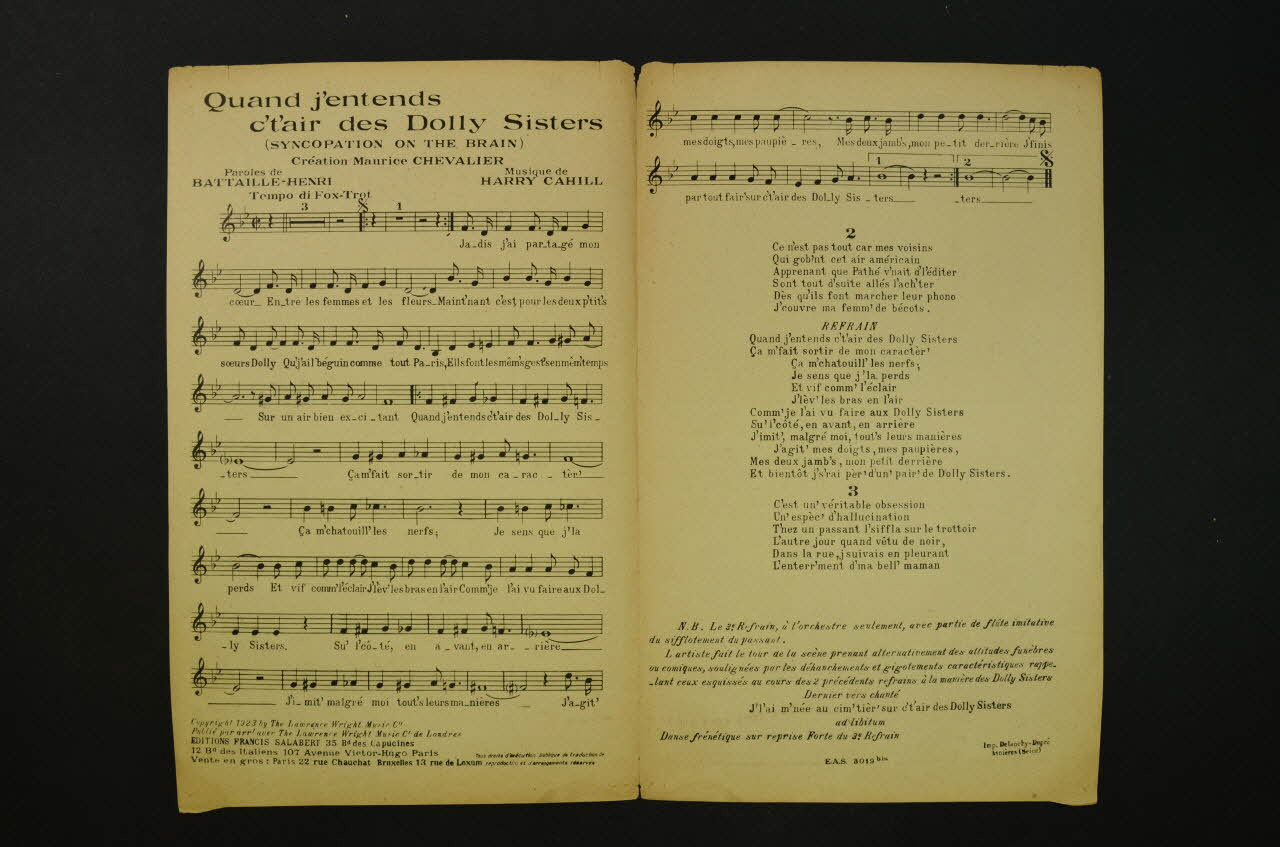 Jacques Battaille-Henri ; Maurice Chevalier ; Francis F. Salabert partition de musique petit format 1923 1966.211.3 Photo Mucem
