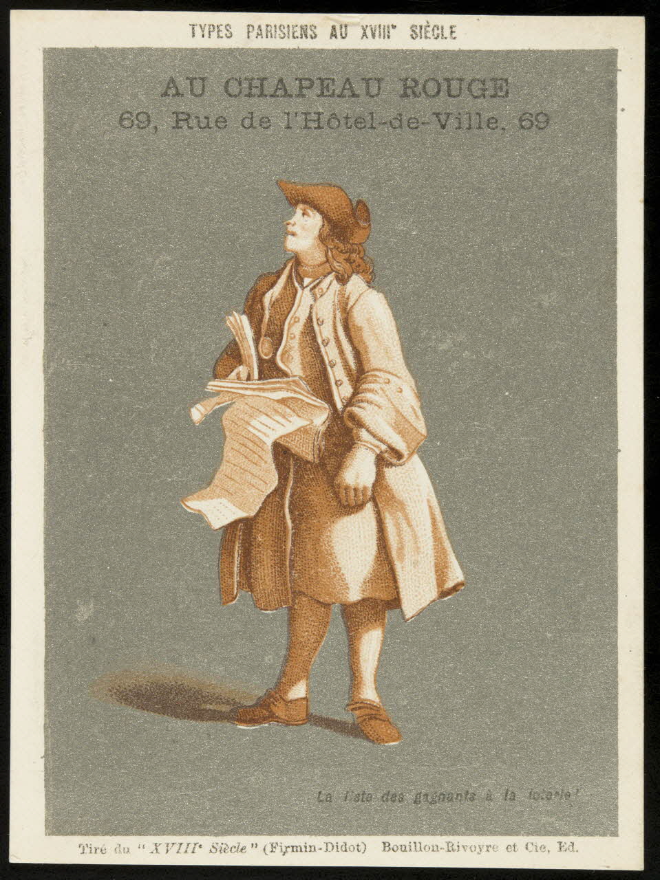 Edmé Bouchardon ; Caylus comte de ; Bouillon-Rivoyre (éditeur), Cochet et Roulié carte réclame chromo Paris 1878-1880 1995.1.2804.7 Photo