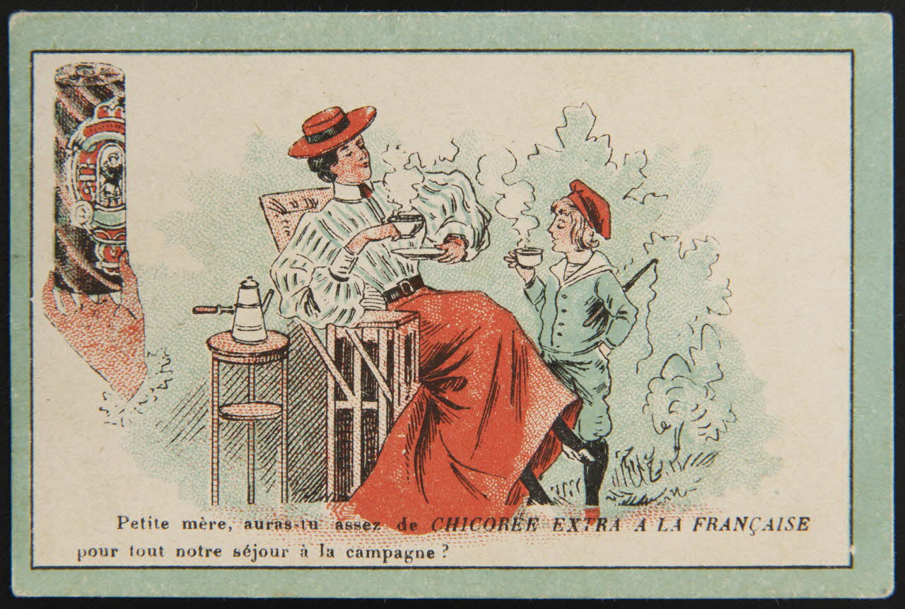 carte réclame Une femme et un garçon buvant de la chicorée 1995.1.3313.7 Photo