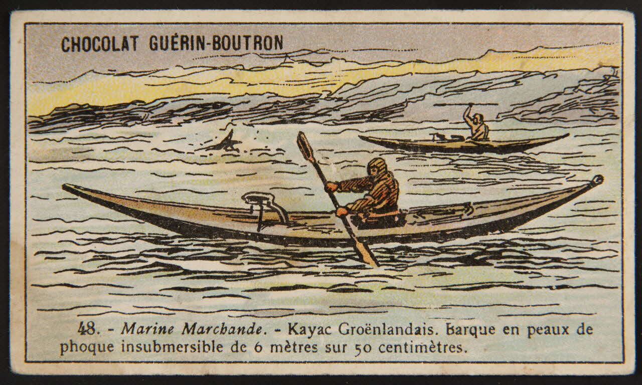 Carte réclame 48. - Marine Marchande. - Kayac Groënlandais. Barque en peaux de  phoque insubmersible de 6 mètres sur 50 centimètres. 1995.1.4372.29 Photo