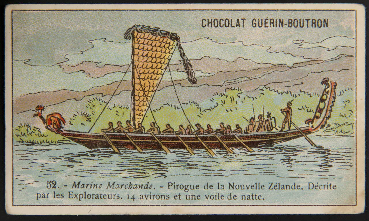 Carte réclame 52. - Marine Marchande. - Pirogue de la Nouvelle Zélande. Décrite  par les Explorateurs. 14 avirons et une voile de natte. 1995.1.4372.32 Photo