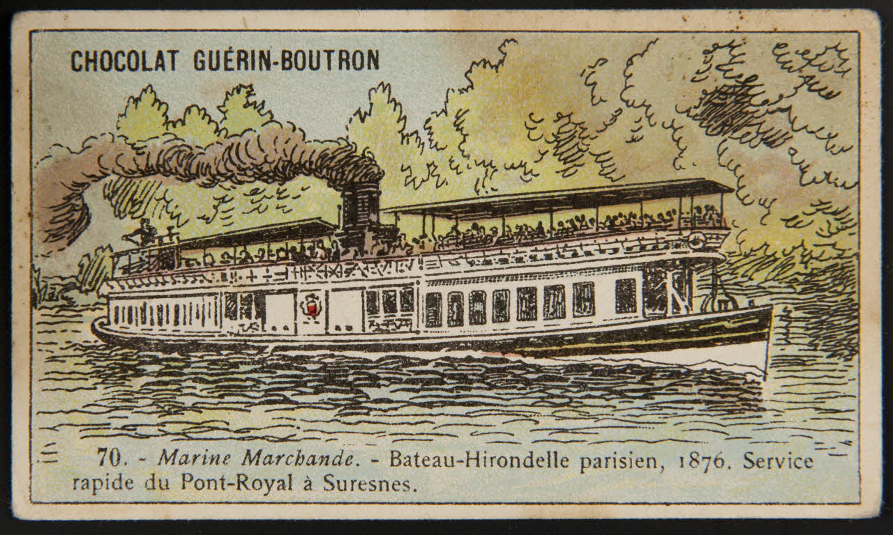 Carte réclame 70. - Marine Marchande. - Bateau-Hirondelle parisien, 1876. Service rapide du Pont-Royal à Suresnes. 1995.1.4372.44 Photo
