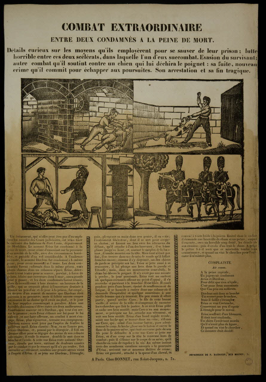 P. Baudouin ; Bonnet imagerie ancienne COMBAT EXTRAORDINAIRE  ENTRE DEUX CONDAMNES A LA PEINE DE MORT. Paris 1835-1853 1995.14.3 Photo Mucem