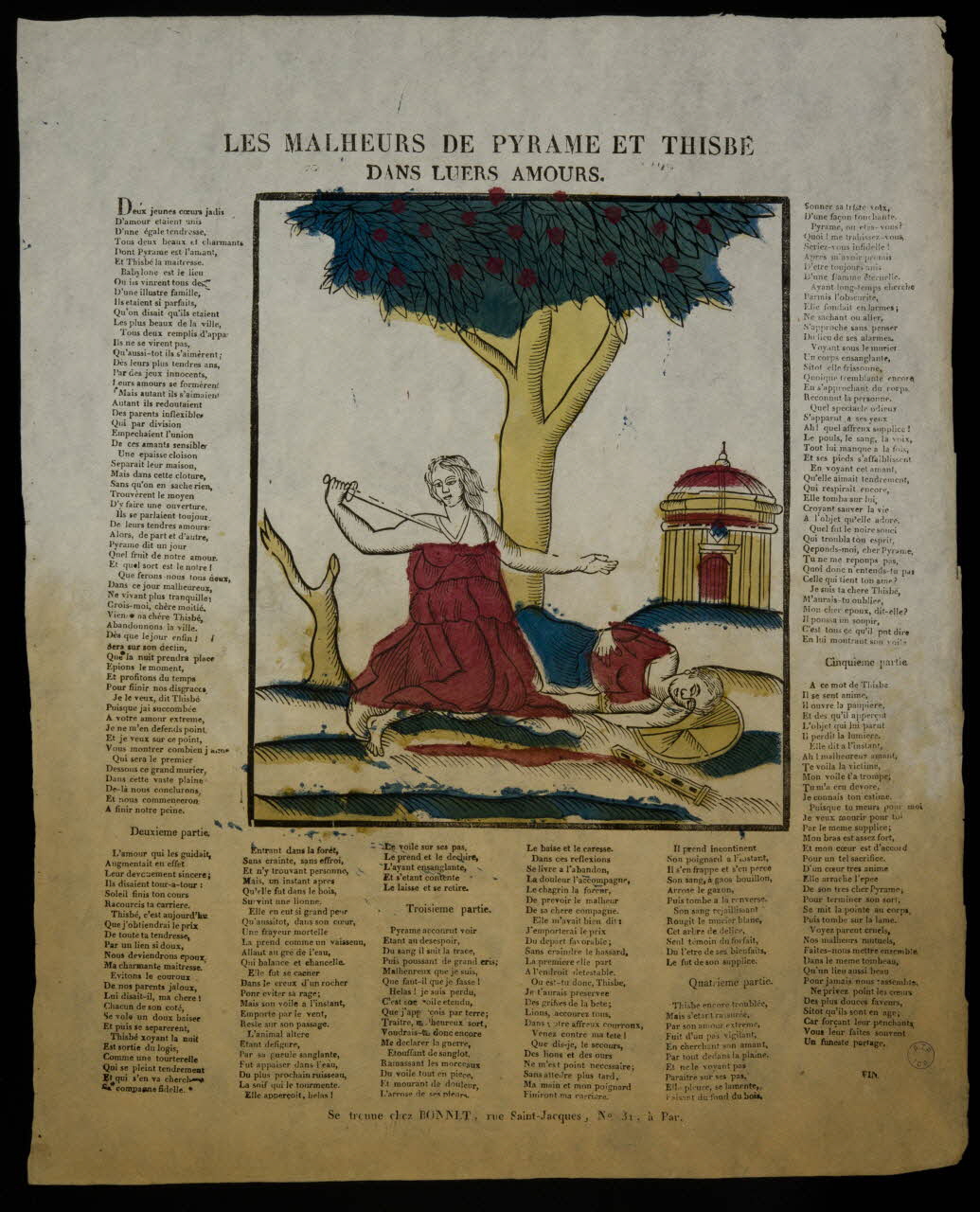 Bonnet estampe LES MALHEURS DE PYRAME ET THISBE  DANS LUERS AMOURS (sic) Paris 1835-1853 1995.14.81 Photo