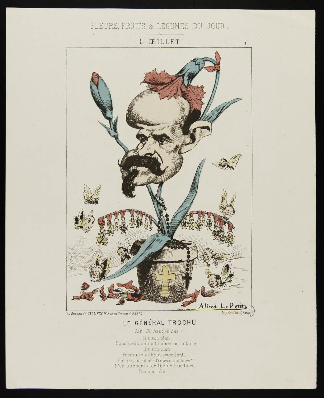 Alfred Le Petit ; Coulboeuf caricature FLEURS, FRUITS & LEGUMES DU JOUR  L'OEILLET  LE GENERAL TROCHU. Paris 1871 1996.26.1 Photo