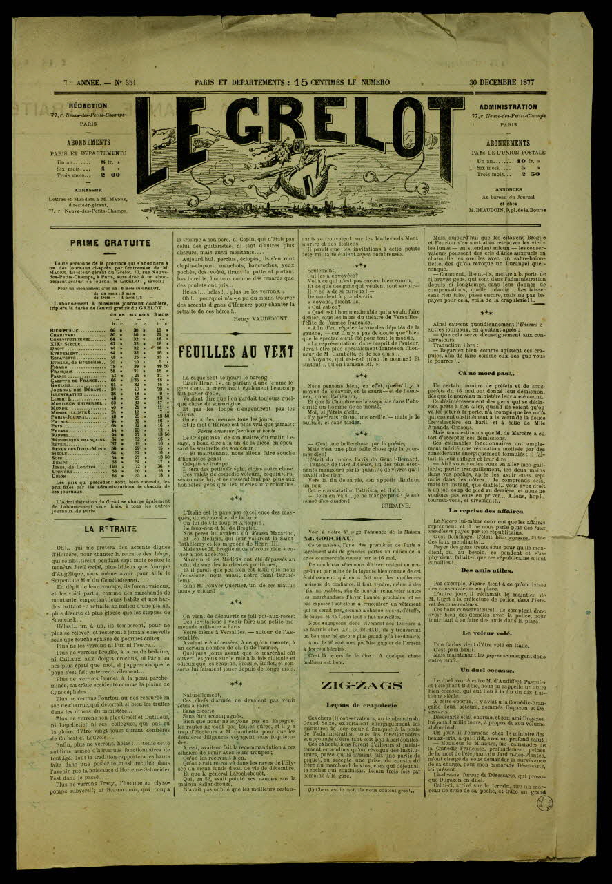 Pépin E. ; Madre ; Hugonis L. caricature LE GRELOT  LA GRANDE RETRAITE DE 1877, PAR PEPIN Paris 1877 1996.26.103 Photo