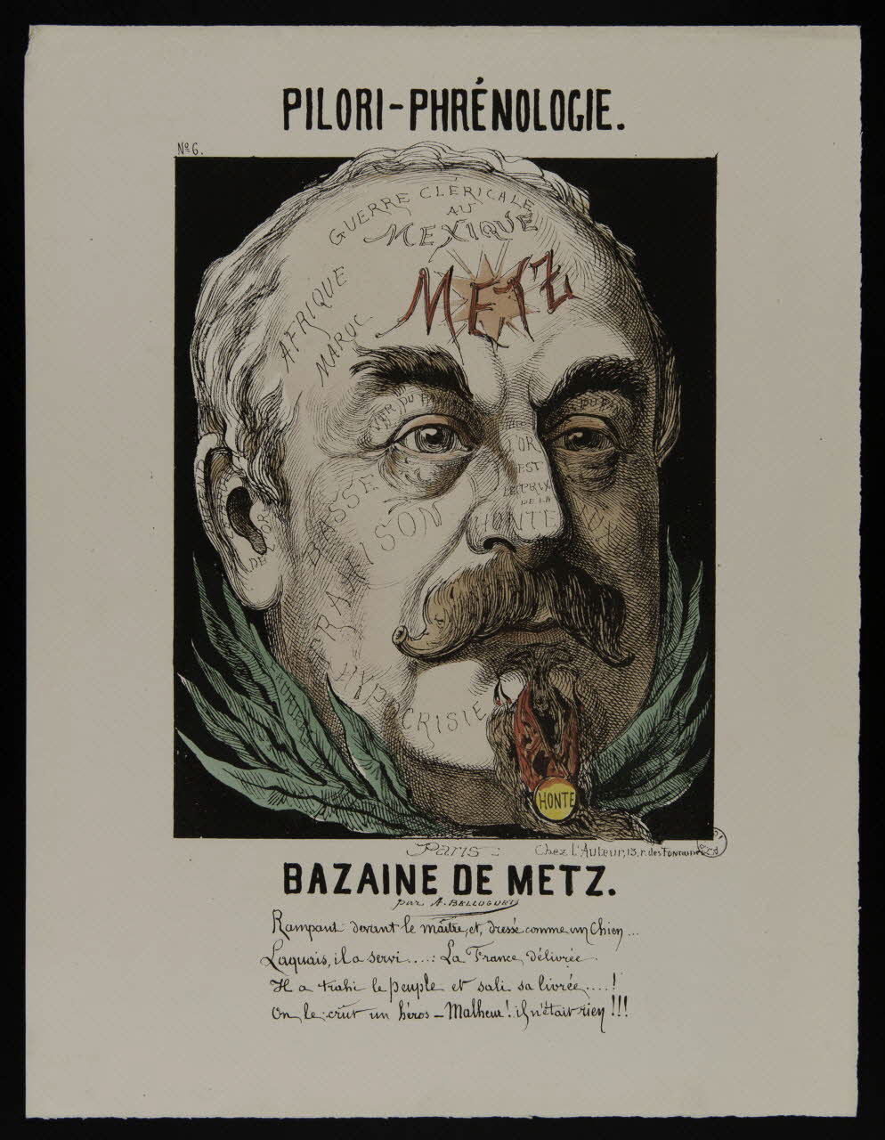 Belloguet A. caricature PILORI-PHRENOLOGIE.  N° 6  BAZAINE DE METZ. Paris 1870 1996.26.16 Photo