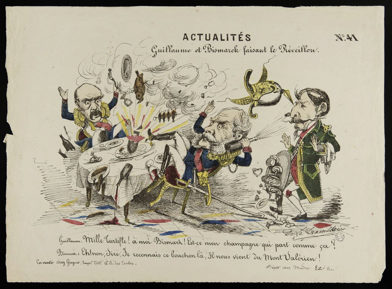 Tramblais de la ; Grognet ; Madre caricature ACTUALITES  N° 41  Guillaume et Bismarck faisant le Réveillon. Paris 1870-1871 1996.26.40 Photo