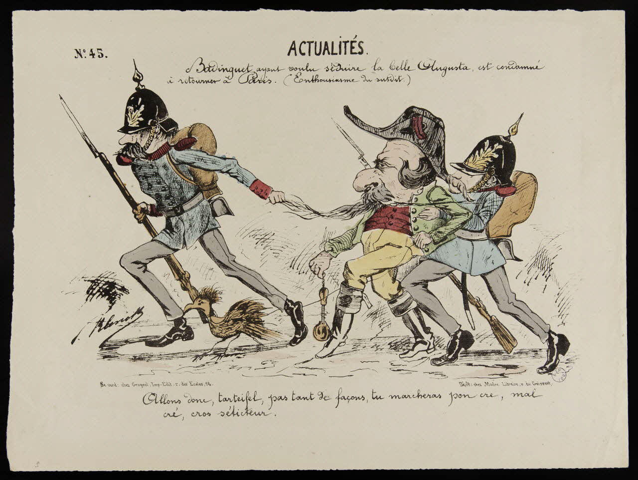 Klenck V. ; Grognet ; Madre caricature N°. 45.  ACTUALITES.  Badinguet ayant voulu séduire la belle Augusta, est condamné  à retourner à Paris. (Enthousiasme En sursit) Paris 1870-1871 1996.26.57 Photo