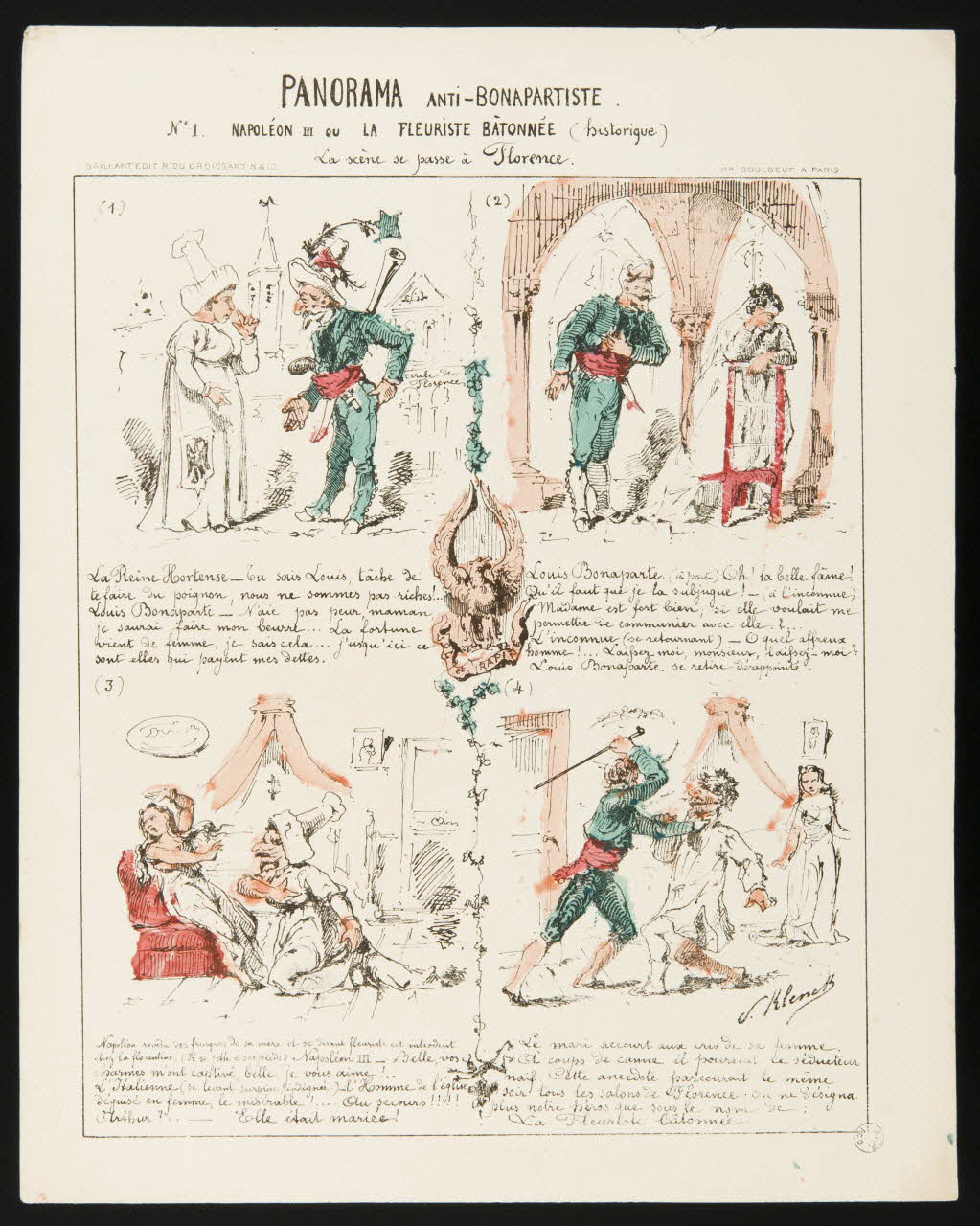 Klenck V. ; Coulbeuf ; Saillant caricature PANORAMA ANTI-BONAPARTISTE  No 1 NAPOLEON III OU LA FLEURISTE BÂTONNEE (historique)  La scène se passe à Florence Paris 1870-1871 1996.26.60 Photo