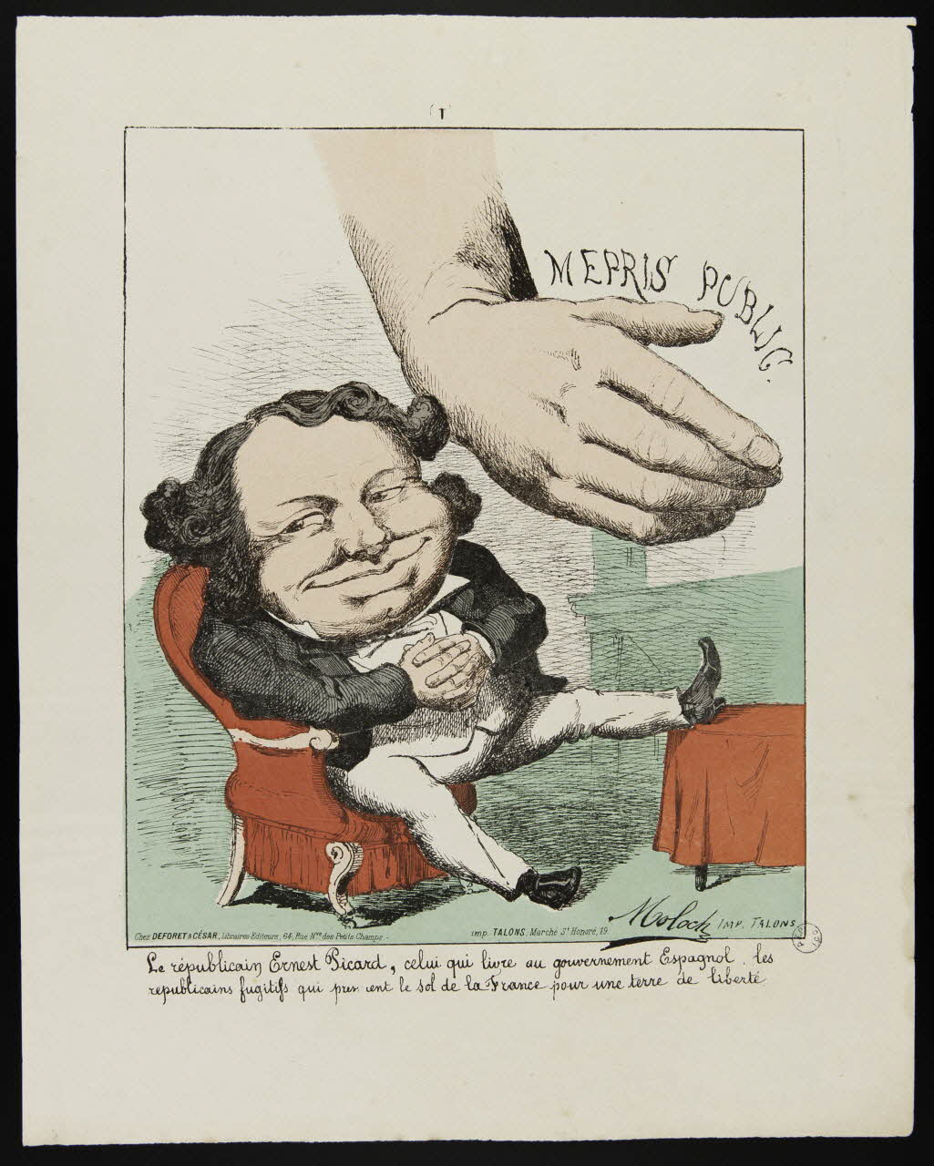 B. Moloch ; Talons caricature Le républicain Ernest Picard, celui qui livre au gouvernement Espagnol, les  républicains fugitifs qui prennent le sol de la France pour une terre de liberté Paris 1870-1871 1996.26.75 Photo