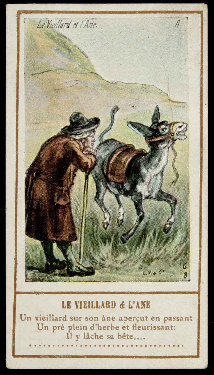 carte réclame LE VIEILLARD & L'ANE  Un vieillard sur son âne aperçut en passant  Un pré plein d'herbe et fleurissant :  Il y lâche sa bête.... 1996.40.1428.10 Photo