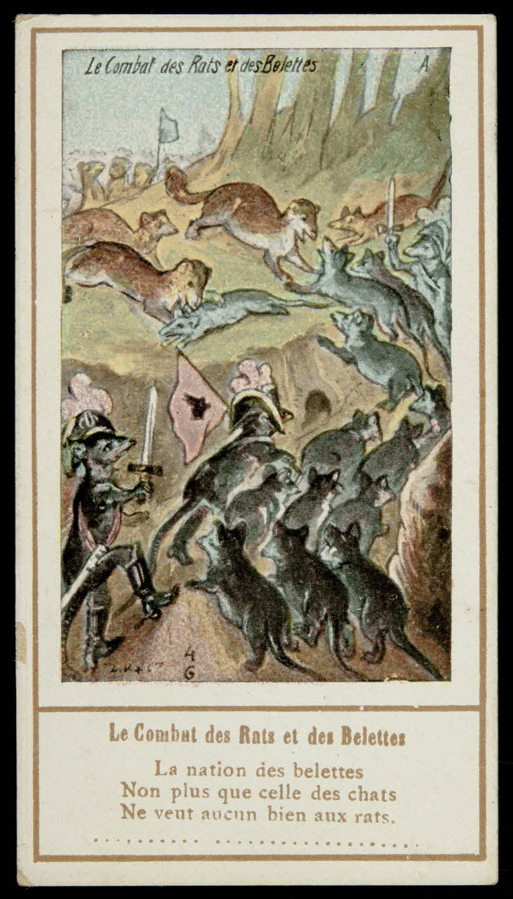 carte réclame Le Combat des Rats et des Belettes  La nation des belettes  Non plus que celle des chats  Ne veut aucun bien aux rats. 1996.40.1428.4 Photo