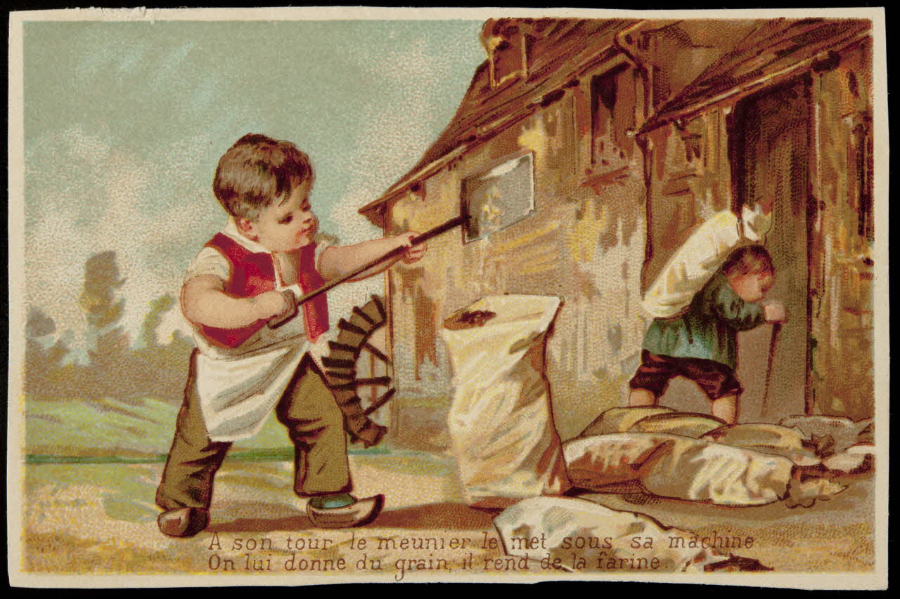 carte réclame A son tour le meunier le met sous sa machine  On lui donne du grain, il rend de la farine. 1996.40.1469.5 Photo