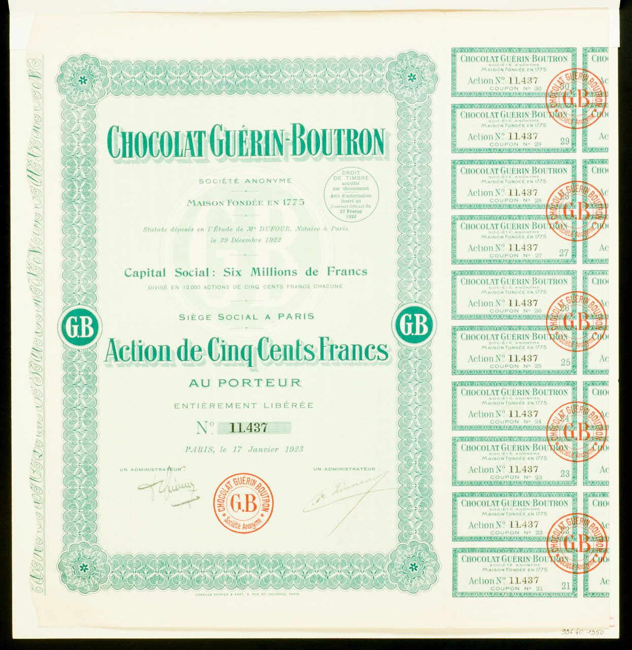 planche d'actions CHOCOLAT GUERIN-BOUTRON 1996.40.1950 Photo