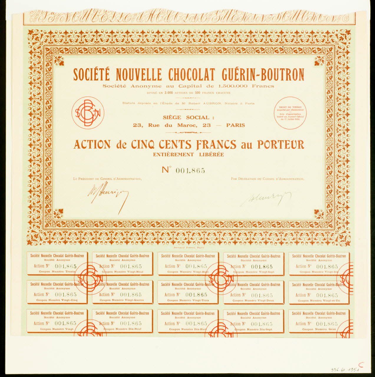 planche d'actions SOCIETE NOUVELLE CHOCOLAT GUERIN-BOUTRON 1996.40.1951 Photo