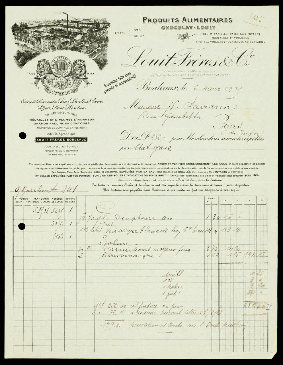 facture PRODUITS ALIMENTAIRES  CHOCOLAT - LOUIT 1996.40.1981 Photo