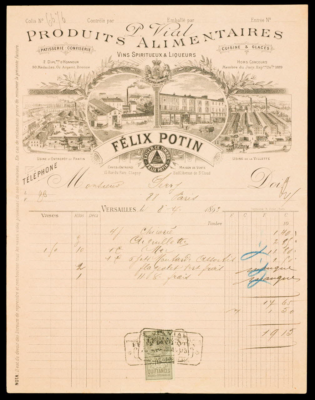 facture PRODUITS ALIMENTAIRES  FELIX POTIN 1996.40.1984 Photo