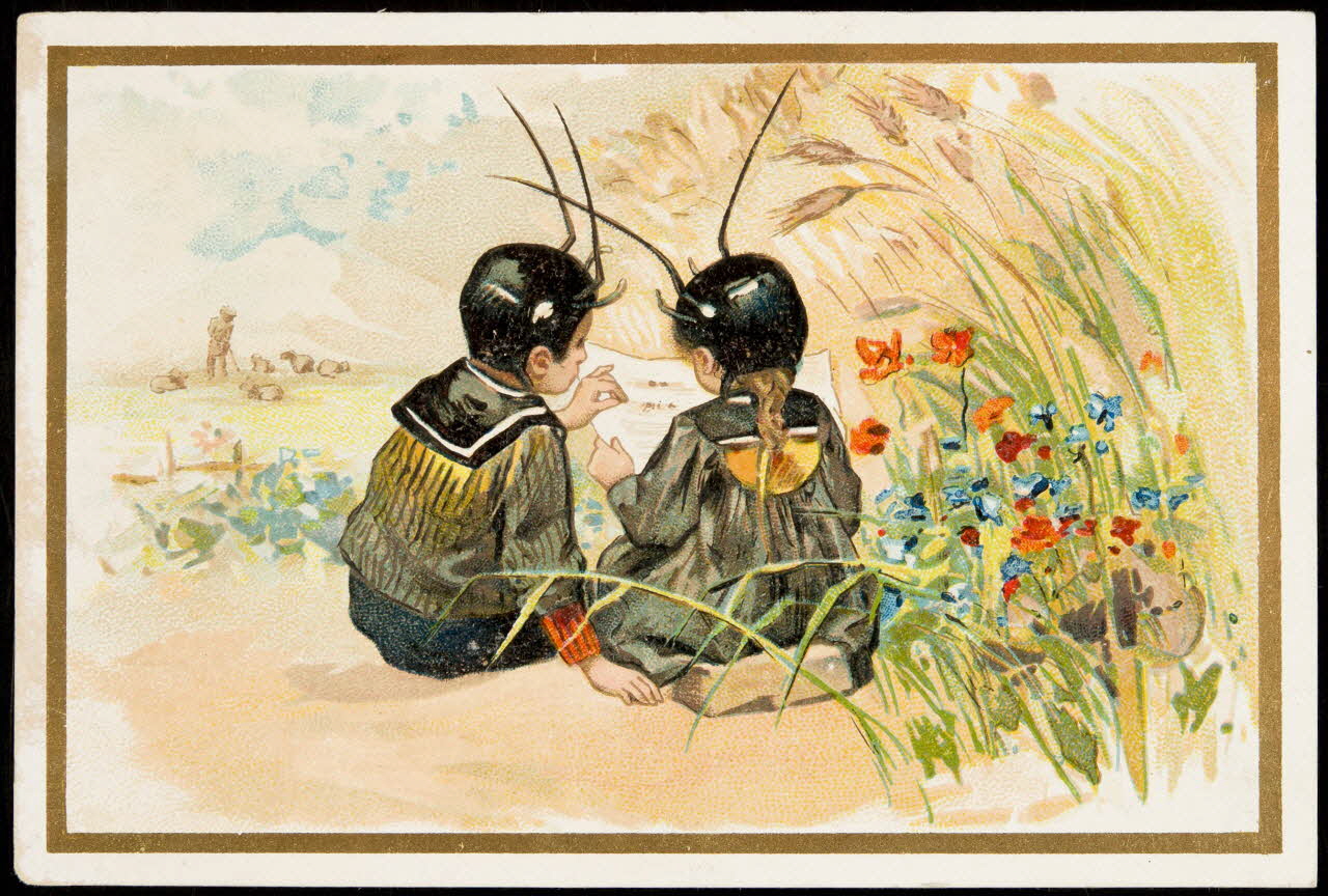 carte réclame Enfants déguisés lisant dans la nature 1996.40.2032 Photo