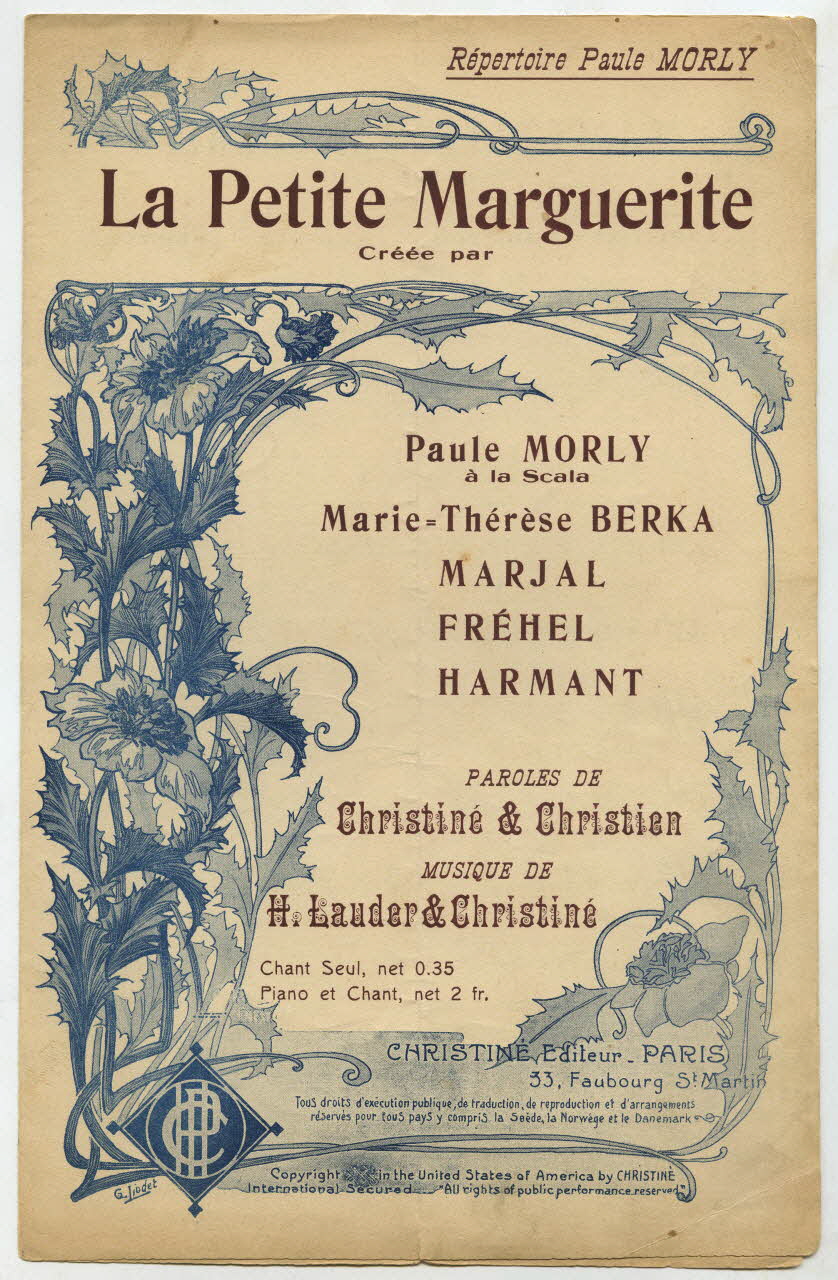 Henri Christiné ; Eugène Christien ; H. Lauder ; Paule Morly ; Marie-Thérèse Berka ; Marjal ; Fréhel ; Harmant ; J Marcot chanson petit format Île-de-France, Amérique-du-Nord 1909 1965.121.175 Photo