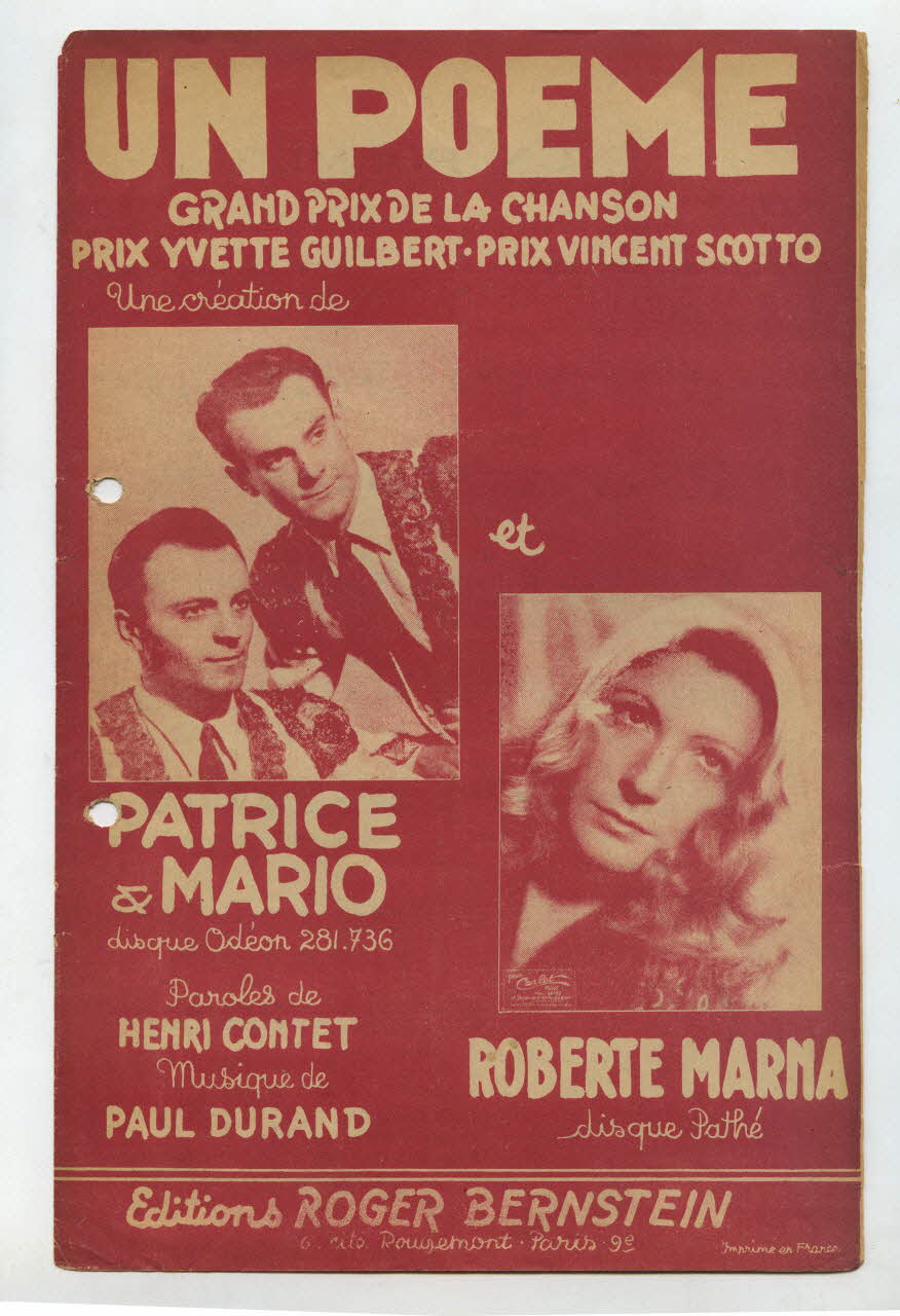 Paul Durand ; Henri Contet ; Patrice Et Mario ; Michel Dillard ; Roger Bernstein chanson petit format Île-de-France, France 1946 1965.121.497 Photo