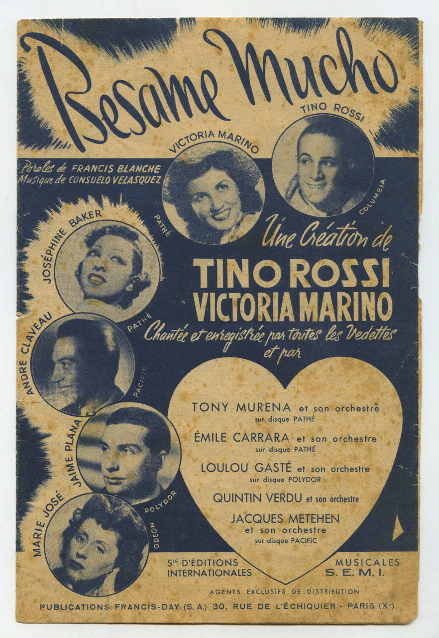 Sunny Skylar ; Francis Blanche ; Consuelo Velasquez ; Publications Francis Day (S.A); ; S.E.M.I; ; Promotora Hispano Americana De Musica, S.A.; ; Southern Music Publishing Co. Inc.; ; Rivade; chanson petit format Île-de-France, France 1941 1965.133.12 Photo