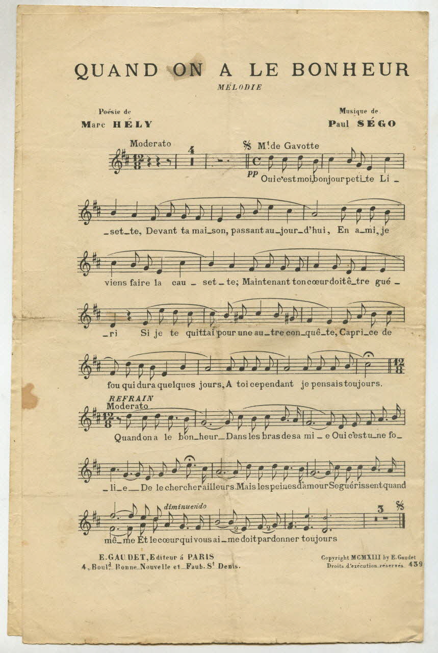 Paul Ségo ; Marc Hély ; E. Gaudet chanson petit format Île-de-France, France 1913 1965.138.148 Photo