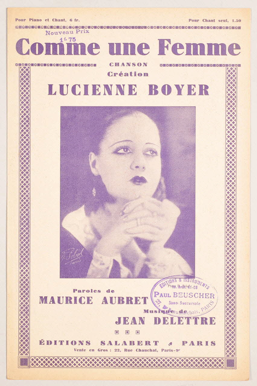 Jean Delettre ; Maurice Aubret ; Lucienne Boyer ; Salabert ; Ruben Sobol chanson petit format Paris 9ème 1934 1965.144.189 Photo