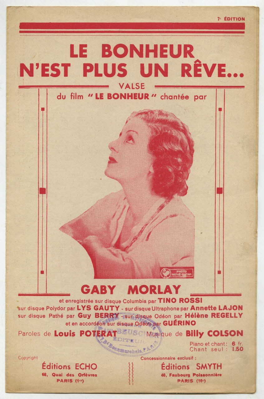 Billy Colson ; Louis Poterat ; Gaby Morlay ; Tino Rossi ; Editions Echo; chanson petit format Île-de-France, France 1935 1965.144.40 Photo