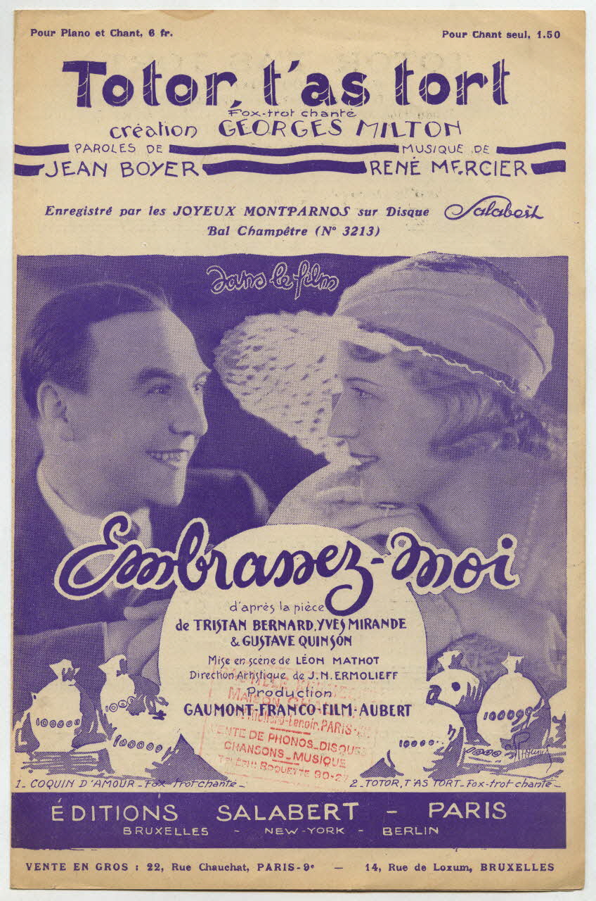 René Mercier ; Jean Boyer ; Tristan Bernard ; Yves Mirande ; Georges Milton ; Francis F. Salabert chanson petit format Île-de-France, France 1932 1965.144.88 Photo