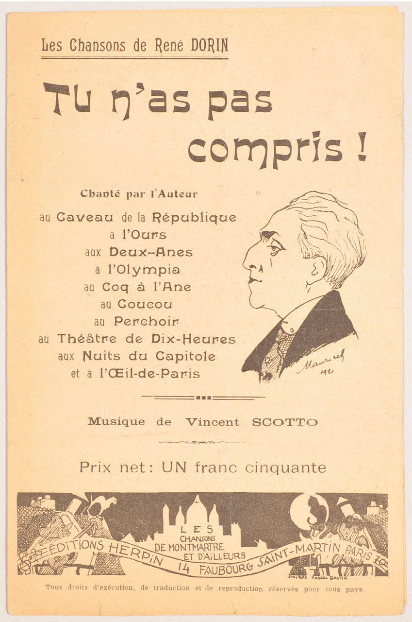 Vincent Scotto ; René Dorin ; V. Herpin chanson petit format Paris 10ème 1921 1965.149.6 Photo