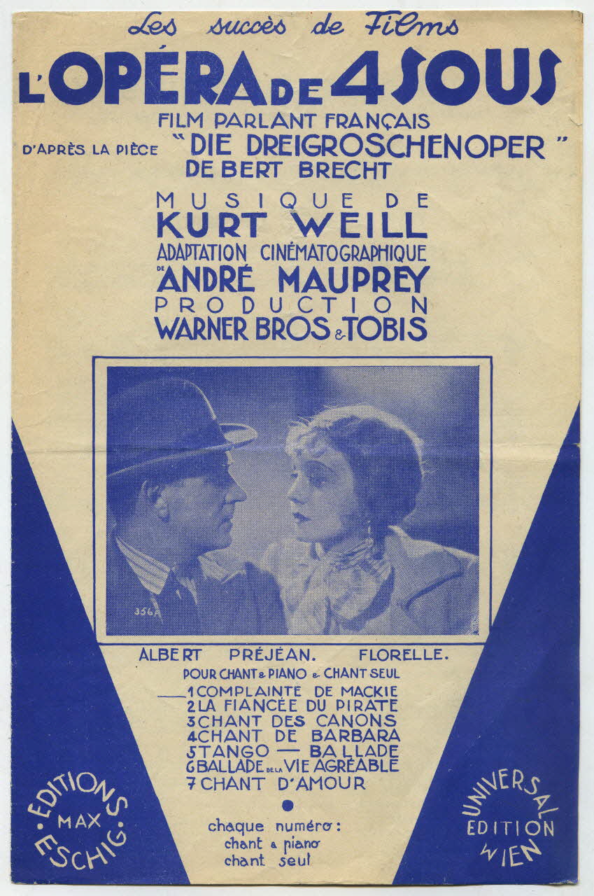 Berthold Brecht ; Kurt Weil ; André Mauprey ; Florelle ; Albert Préjean ; Éditions Max Eschig chanson petit format Île-de-France, France 1928 1965.152.98 Photo