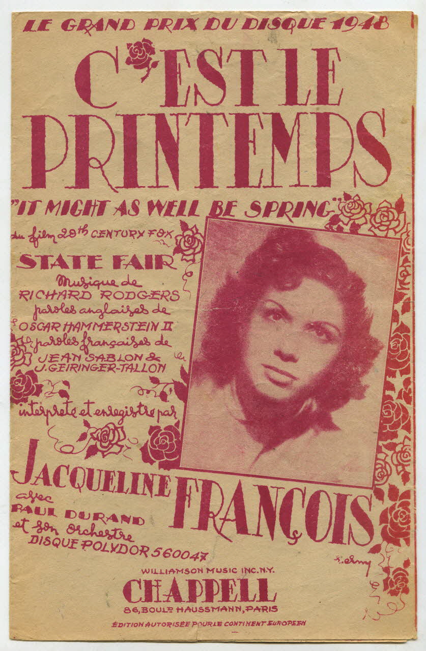 J. Geiringer-Tallon ; Jean Sablon ; Richard Rodgers ; Jacqueline François ; Paul Durand ; Williamson Music; ; Chappell; chanson petit format Paris 8ème 1945 1965.159.69 Photo