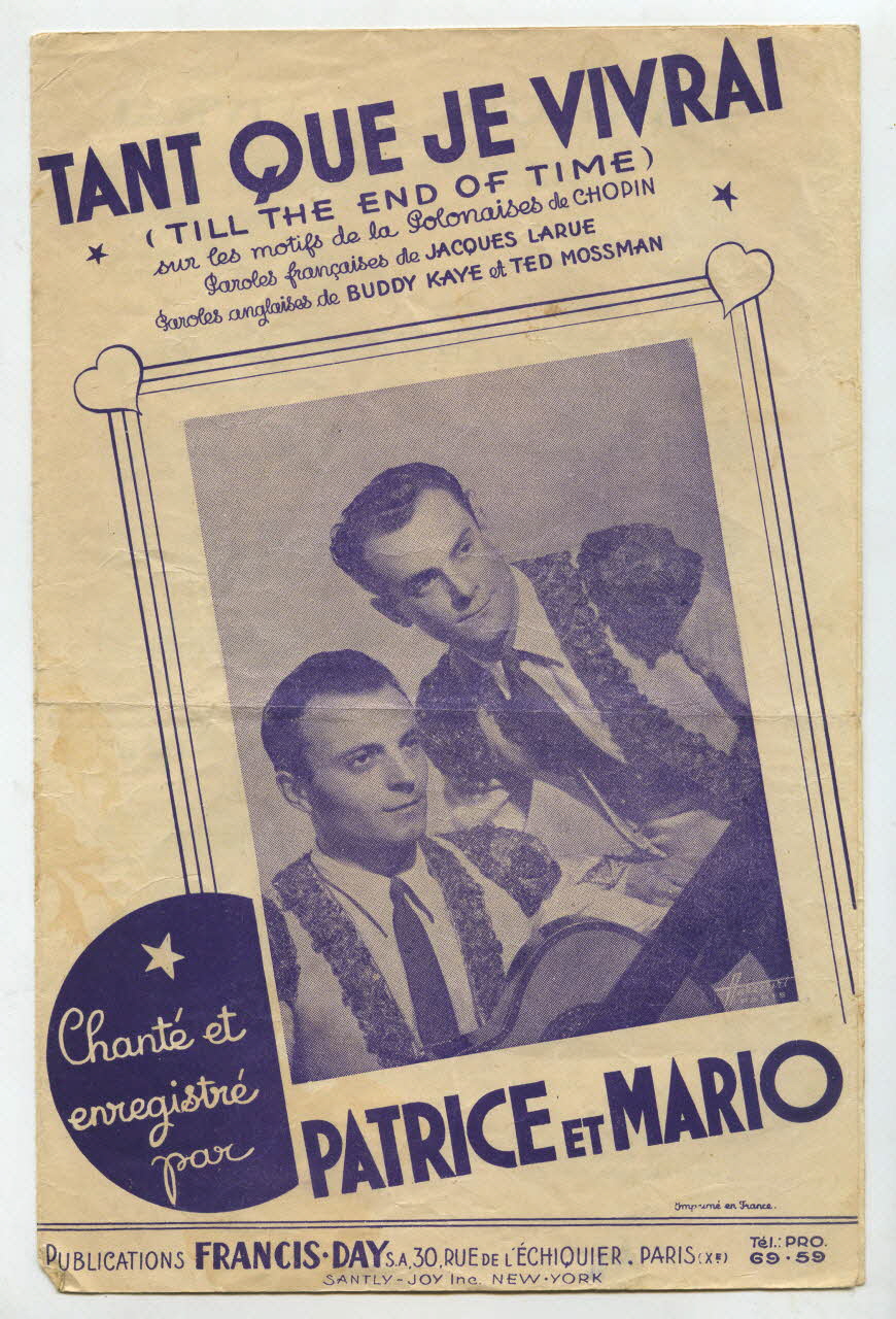 Jacques Larue ; Chopin ; Buddy Kaye ; Ted Mossman ; Patrice Et Mario ; Santly; ; Publications Francis Day (S.A); ; Laroche, (S.A.); chanson petit format Île-de-France, France 1948 1965.159.71 Photo