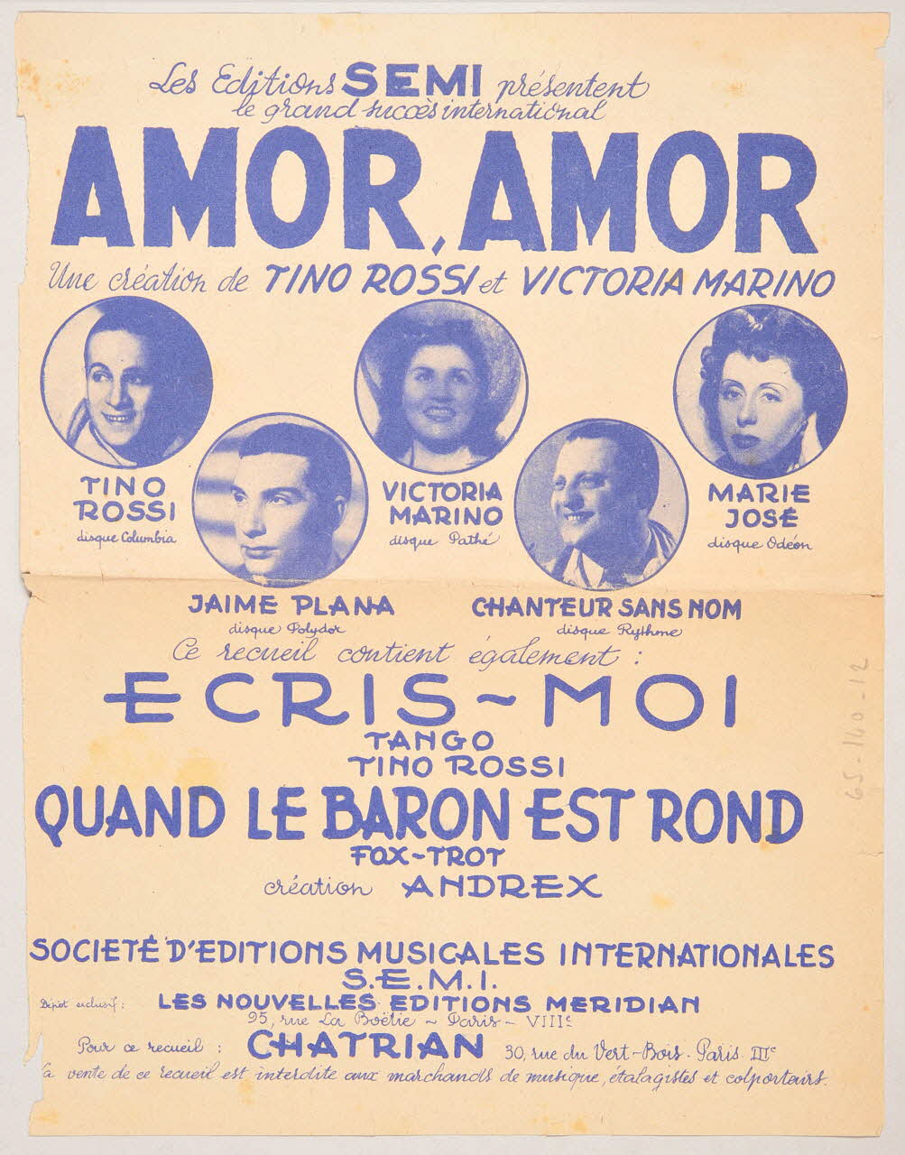 G. Raimondo ; Louis Poterat ; Méridian, Les Nouvelles éditions; chanson petit format 1938 1965.161.12 Photo