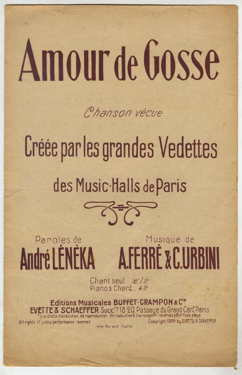 Ciro Urbini ; Antoine Ferré ; André Leneka ; Editions Musicales Buffet; ; Crampon Et Cie; chanson petit format 1925 1965.176.22 Photo