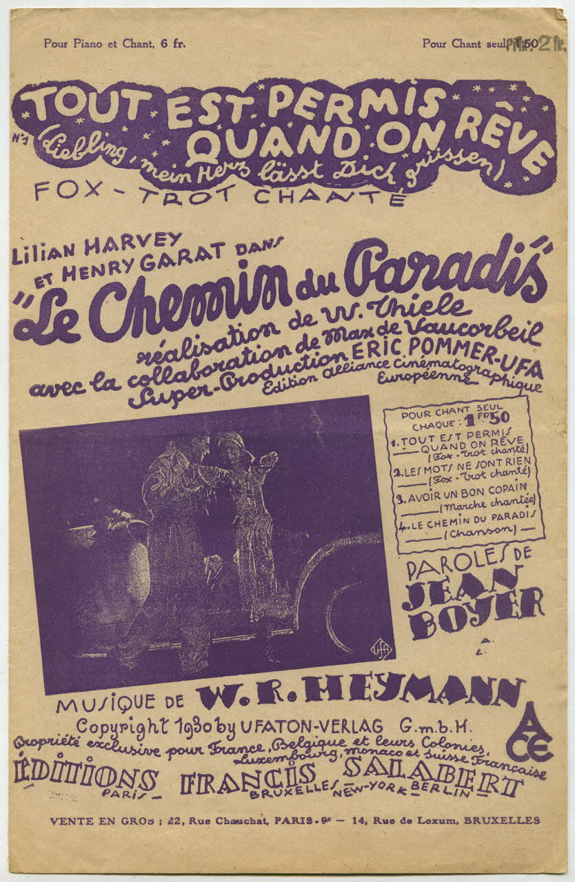 Jean Boyer ; Werner-Richard Heymann ; Lilian Harvey ; Henri Garat ; Francis F. Salabert chanson petit format Île-de-France, France 1930 1965.177.131 Photo
