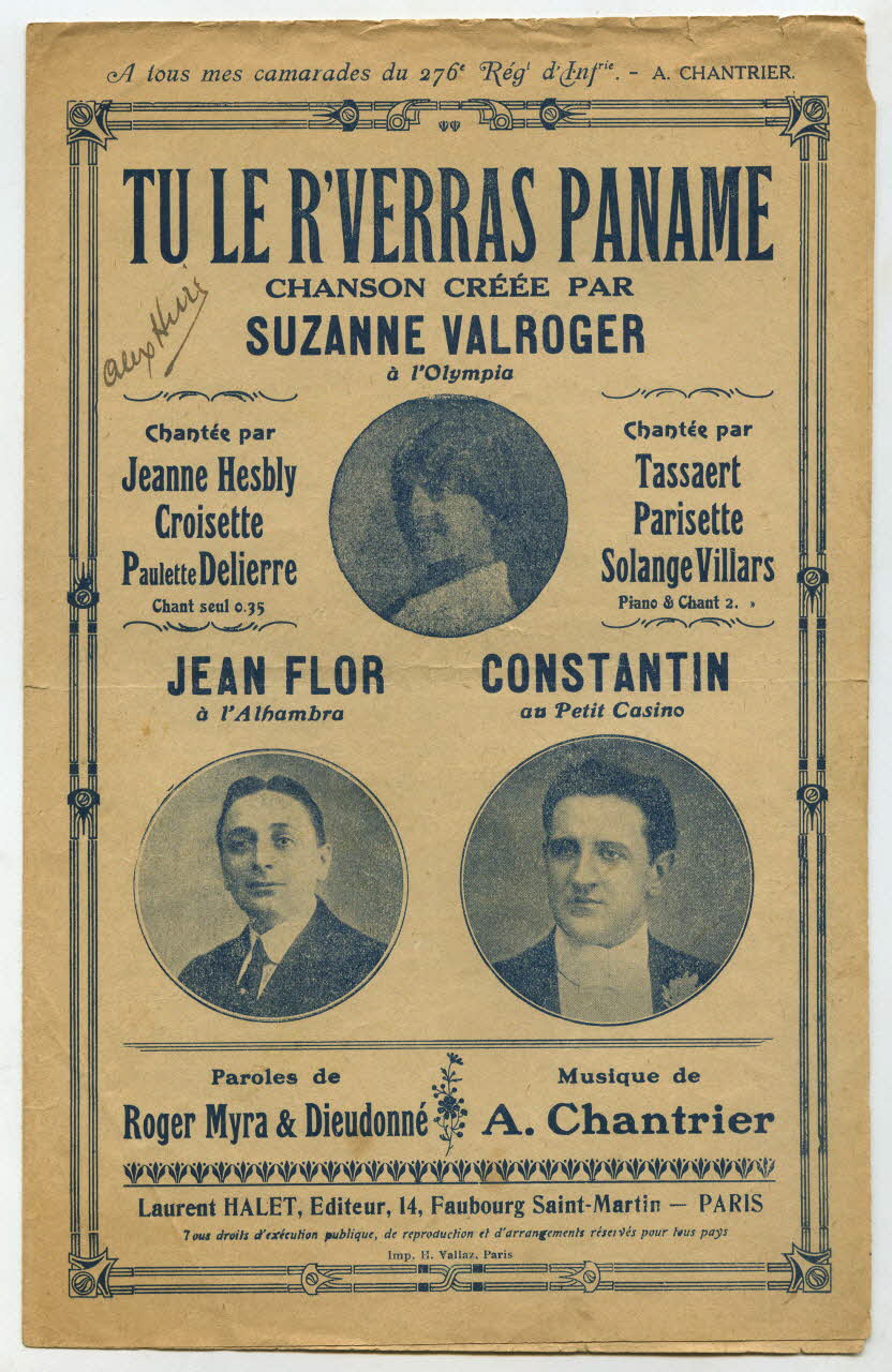 Robert Dieudonné ; Roger Myra ; Albert Chantrier ; Suzanne Valroger ; Jean Flor ; Constantin ; Laurent Halet chanson petit format Île-de-France, France 1917 1965.177.137 Photo