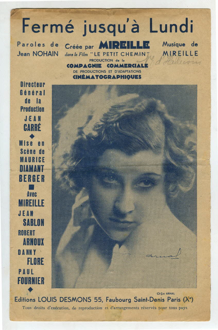 Mireille ; Jean Nohain ; Louis Desmons ; E. Fondras ; Arnal chanson petit format Île-de-France, France 1936 1966.121.243 Photo